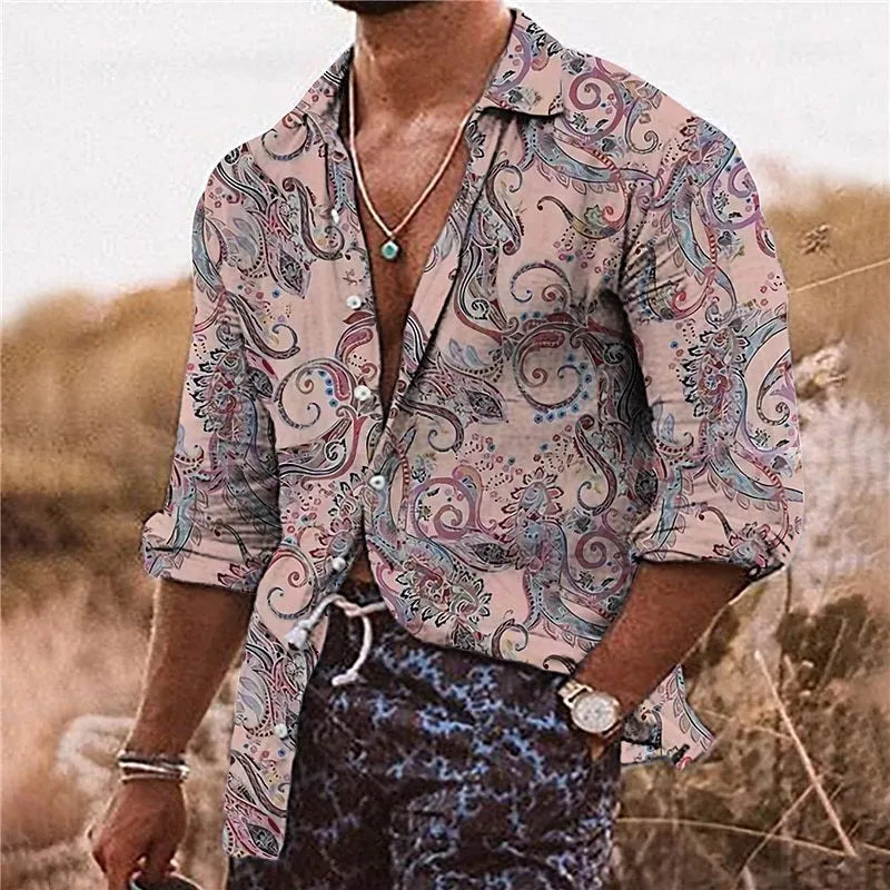 Men's casual shirt with 3D floral pattern in loose fit long sleeve design