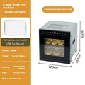 Stainless steel fruit dehydrator with LED control panel showing temperature settings and multiple drying trays