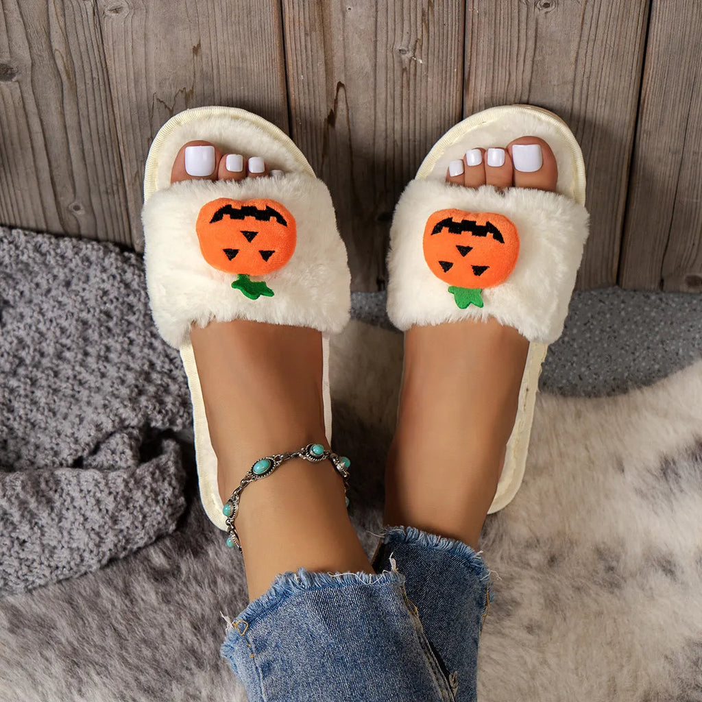 Yellow and white Halloween pumpkin cartoon design plush open-toe slippers with synthetic fur