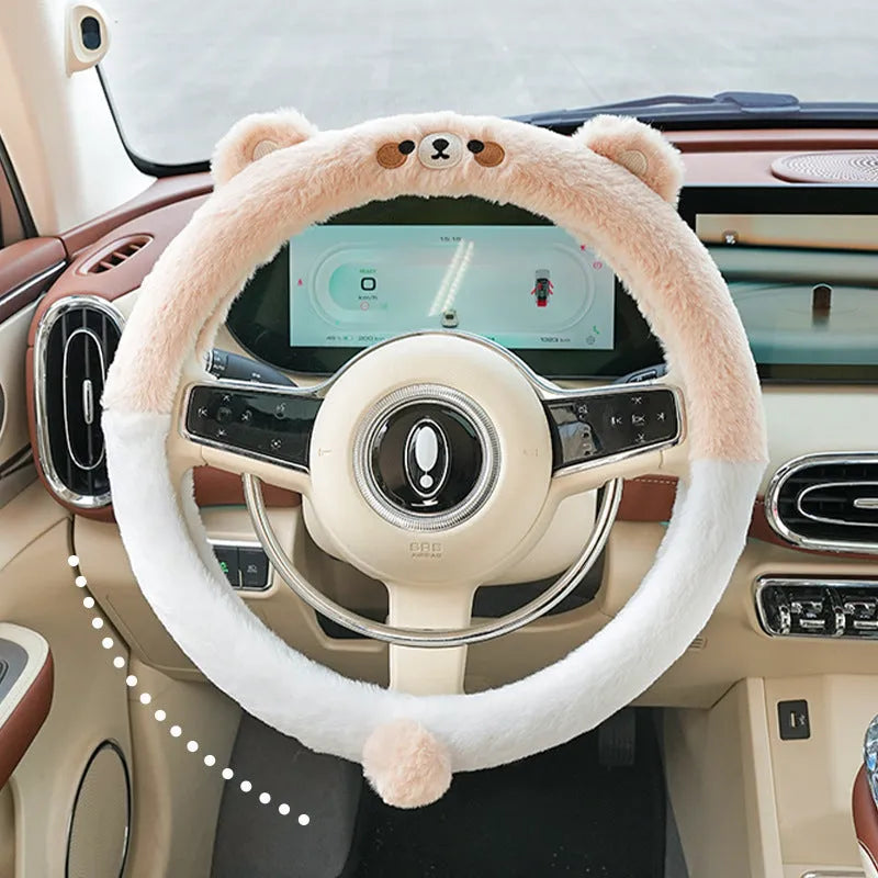 Winter plush steering wheel cover with cartoon animal embroidery, 38cm diameter