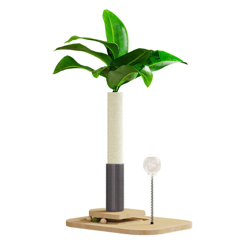 Vertical wooden cat scratching post with canna colour finish and food drop ball