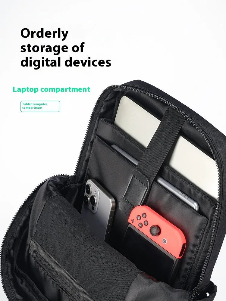 Front view of lightweight black Oxford cloth computer backpack with 20-35L capacity