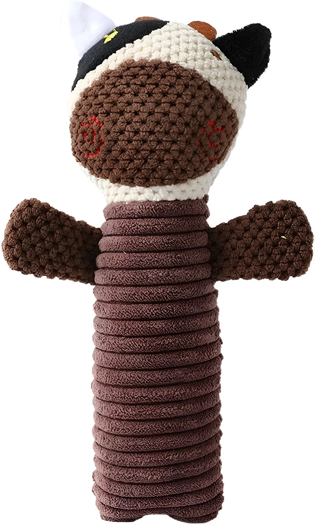 Soft plush dog chew toy in animal shape with squeaker, shown with size scale.