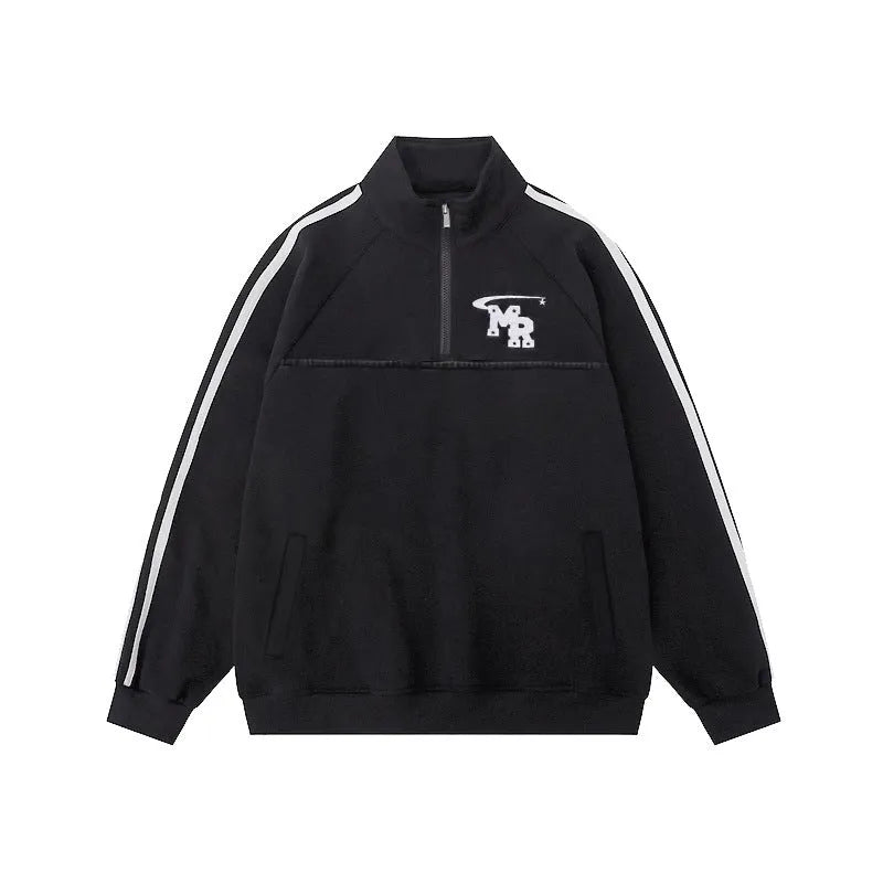 Black Hong Kong style men's hoodie coat with stand collar and long sleeves for casual sports wear