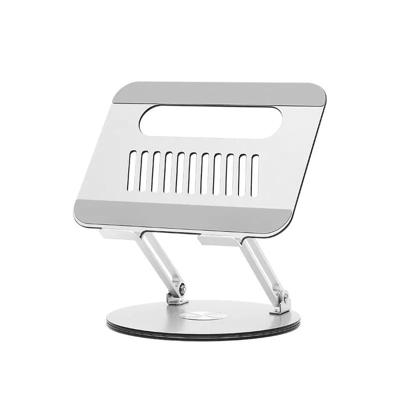 Silver aluminium alloy laptop stand with adjustable height and rotatable design on wooden desk