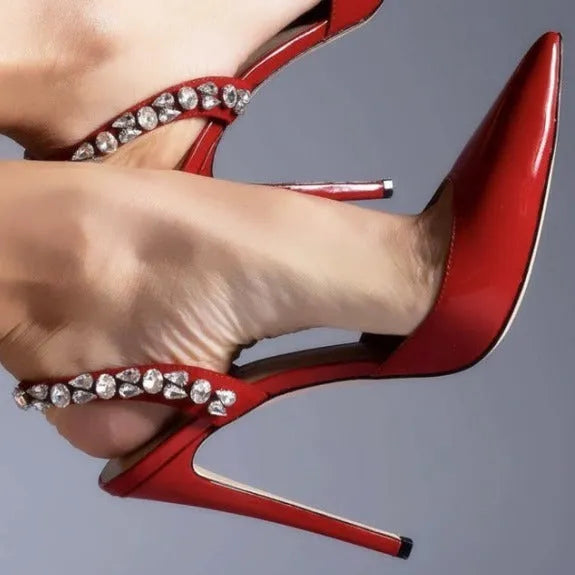 Women's black patent leather pointed toe high heel sandals with rhinestone details on the sides