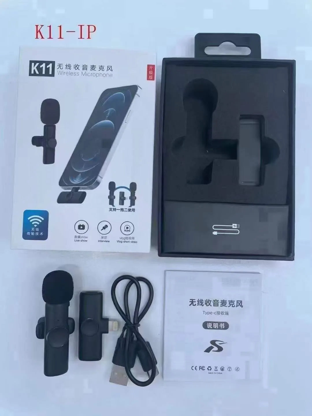 Wireless collar clip lavalier microphone with smartphone connector options for Type-C, Lightning, and 3.5mm jacks.