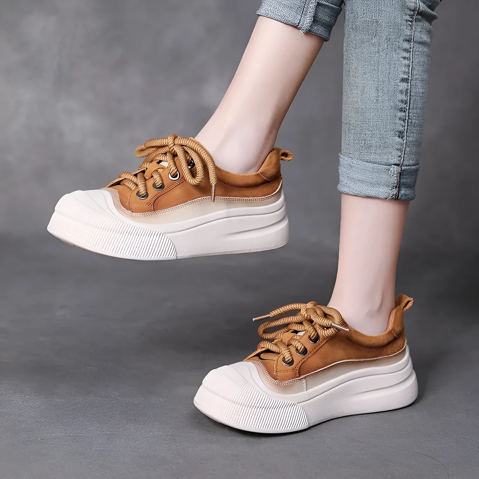 Women's yellow and cameo brown full grain cow leather lace-up casual shoes with round toe