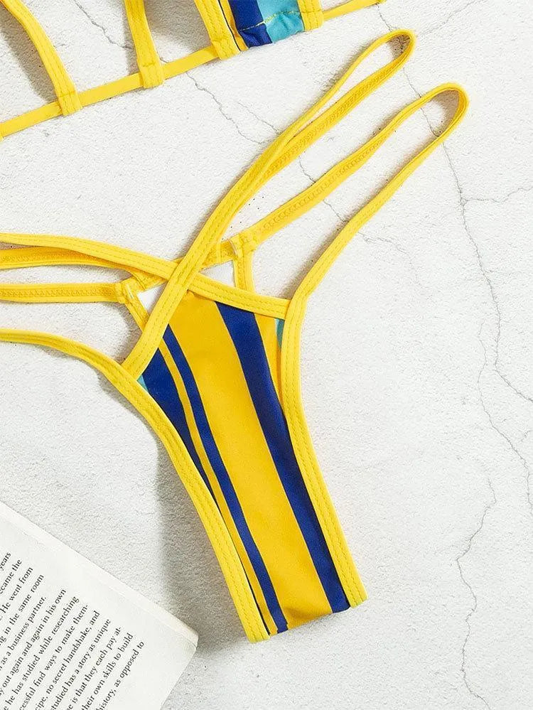 Yellow women's two-piece swimsuit with neck-hanging design, hollow backless top and high-waist shorts