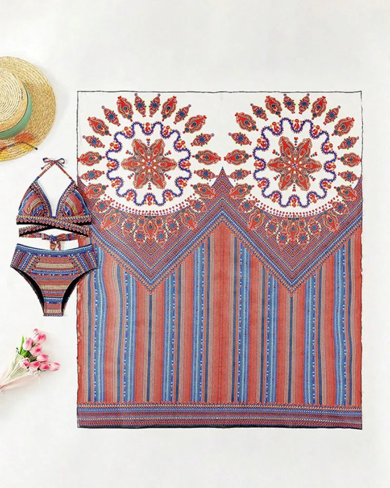 Women's three-piece polyester swimsuit set with a cutout blouse and high-waist briefs in the pictured colour.
