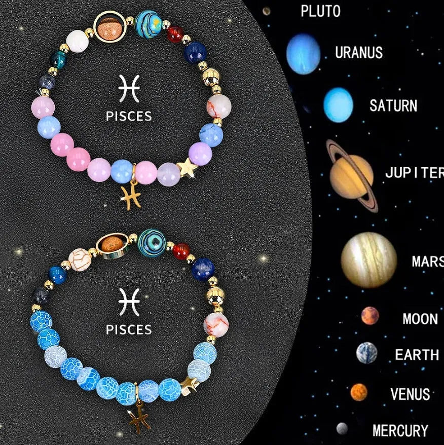 Two natural stone beaded bracelets with Chinese zodiac charms on elastic cord