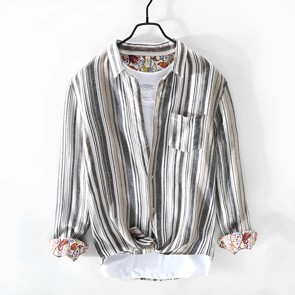 Men's loose fit striped linen shirt in red, shown on a model.