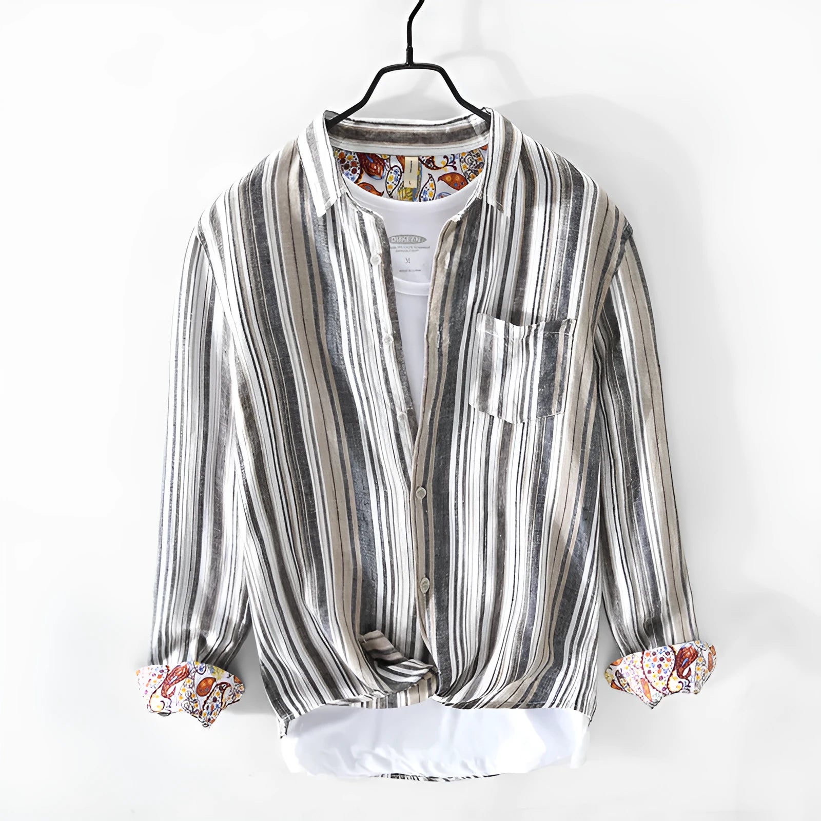 Men's loose fit striped linen shirt in red, shown on a model.