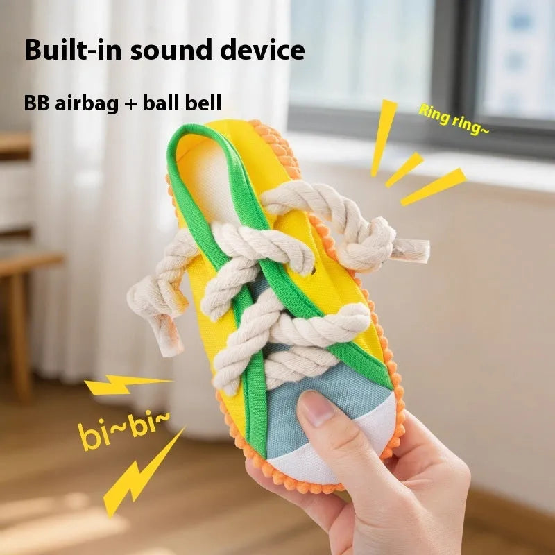 Plastic dog slippers chewing toy in yellow, black or sea fog blue colours with sound activation feature