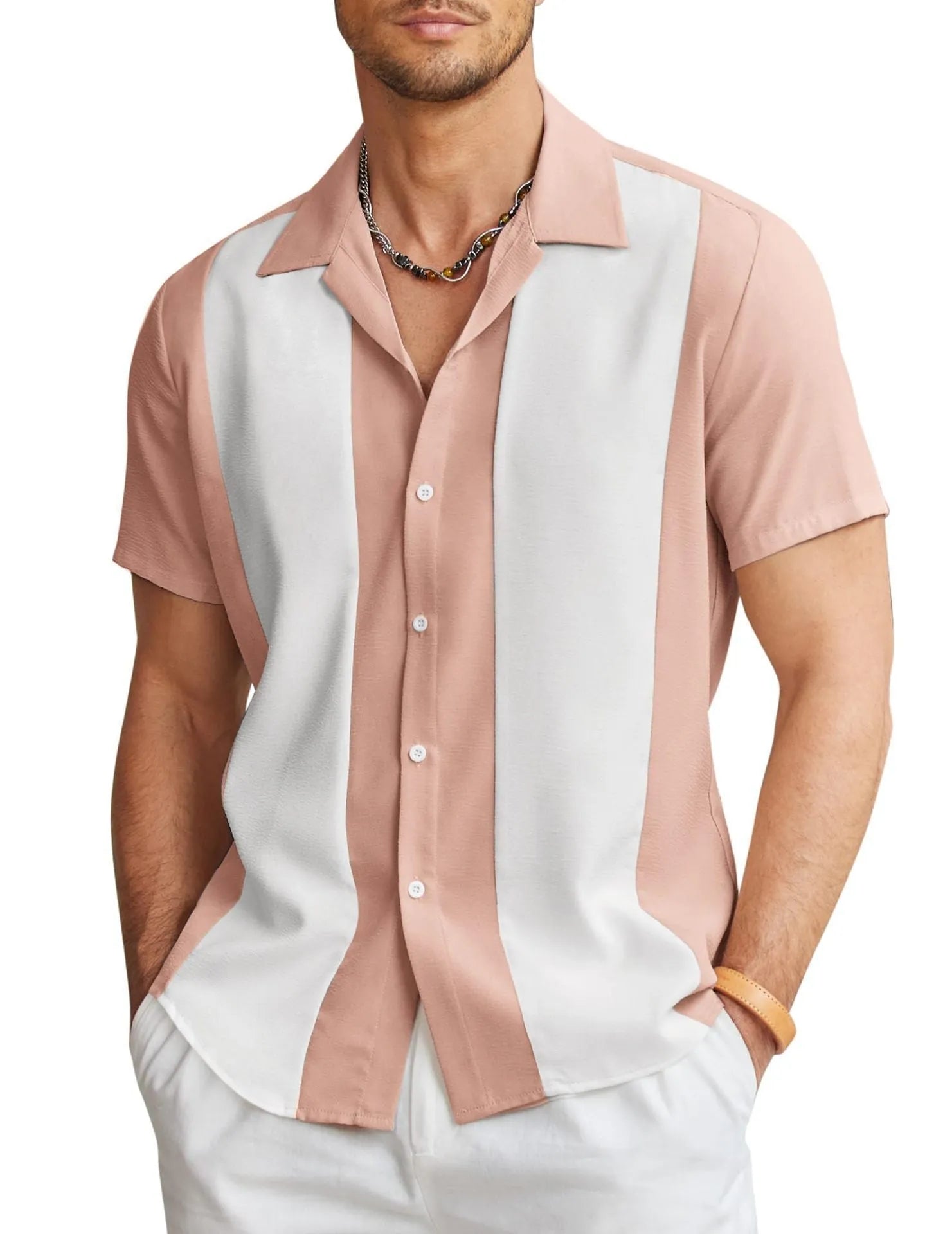 Men's slim fit Hawaiian short sleeve shirt with digital printing on elastic polyester fabric
