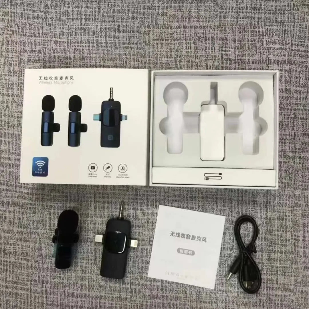 Wireless collar clip lavalier microphone with smartphone connector options for Type-C, Lightning, and 3.5mm jacks.