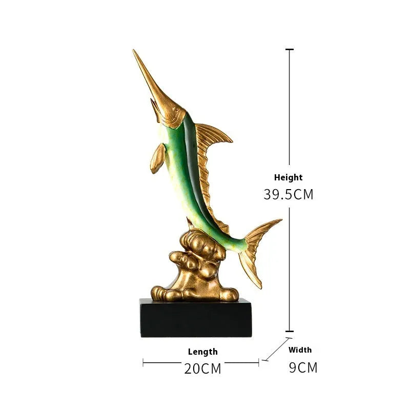 European style decorative resin swordfish ornament in Ocean Green, Lake Blue, Coral Red or Bright Gold.