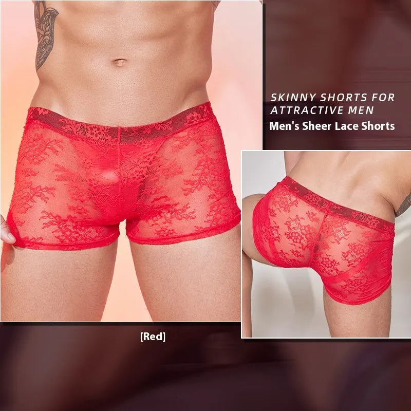 Men's black boxers with lace detailing on nylon fabric