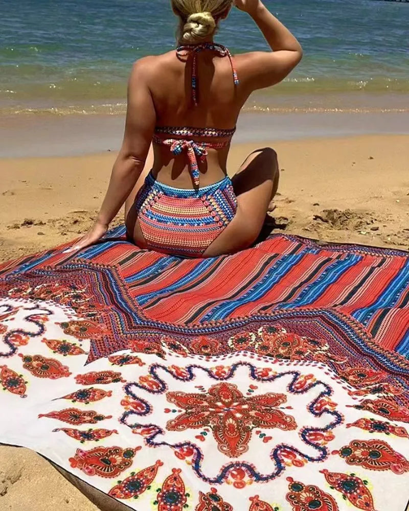 Women's three-piece polyester swimsuit set with a cutout blouse and high-waist briefs in the pictured colour.