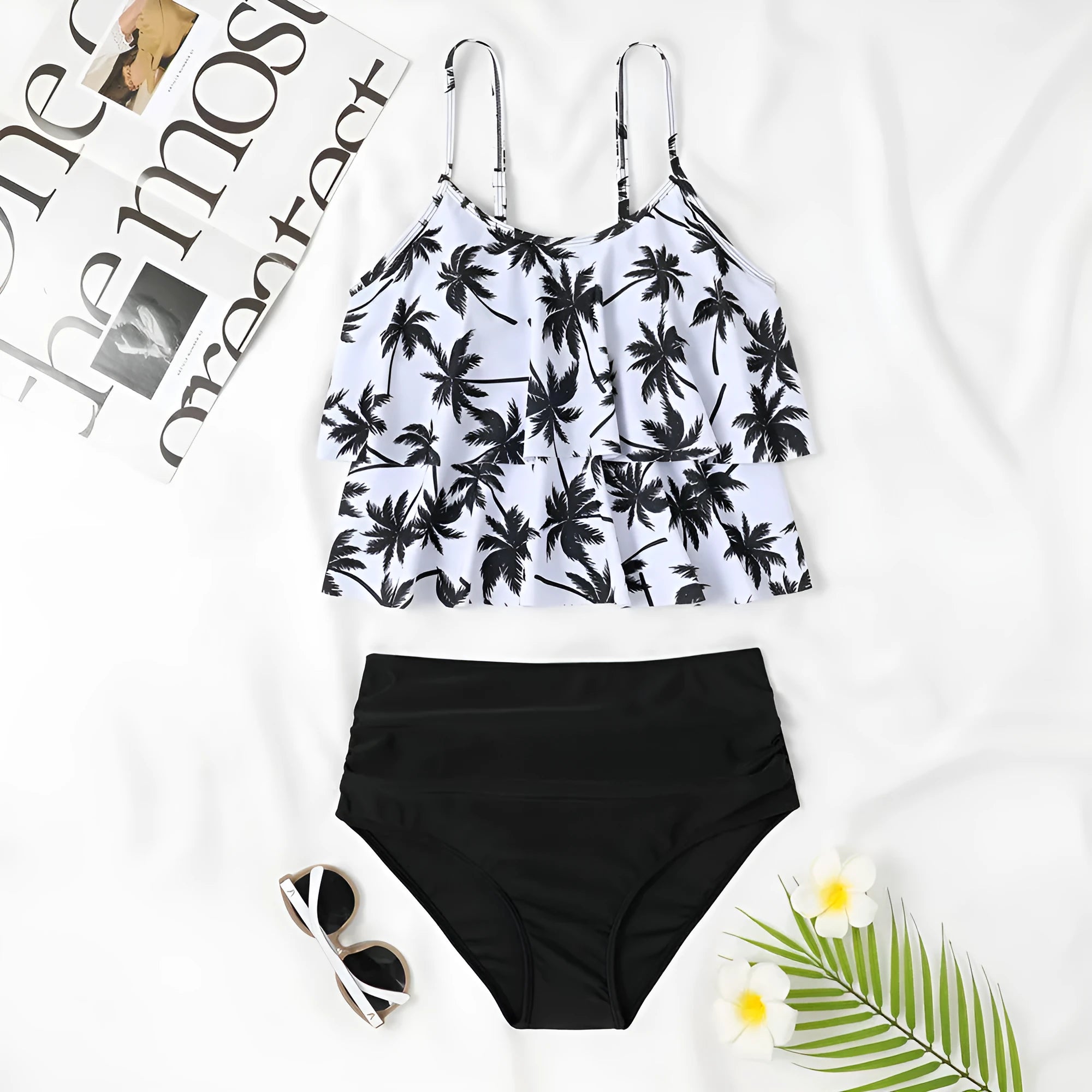 Women's high waist swimsuit bikini set in black and coconut tree print pattern.