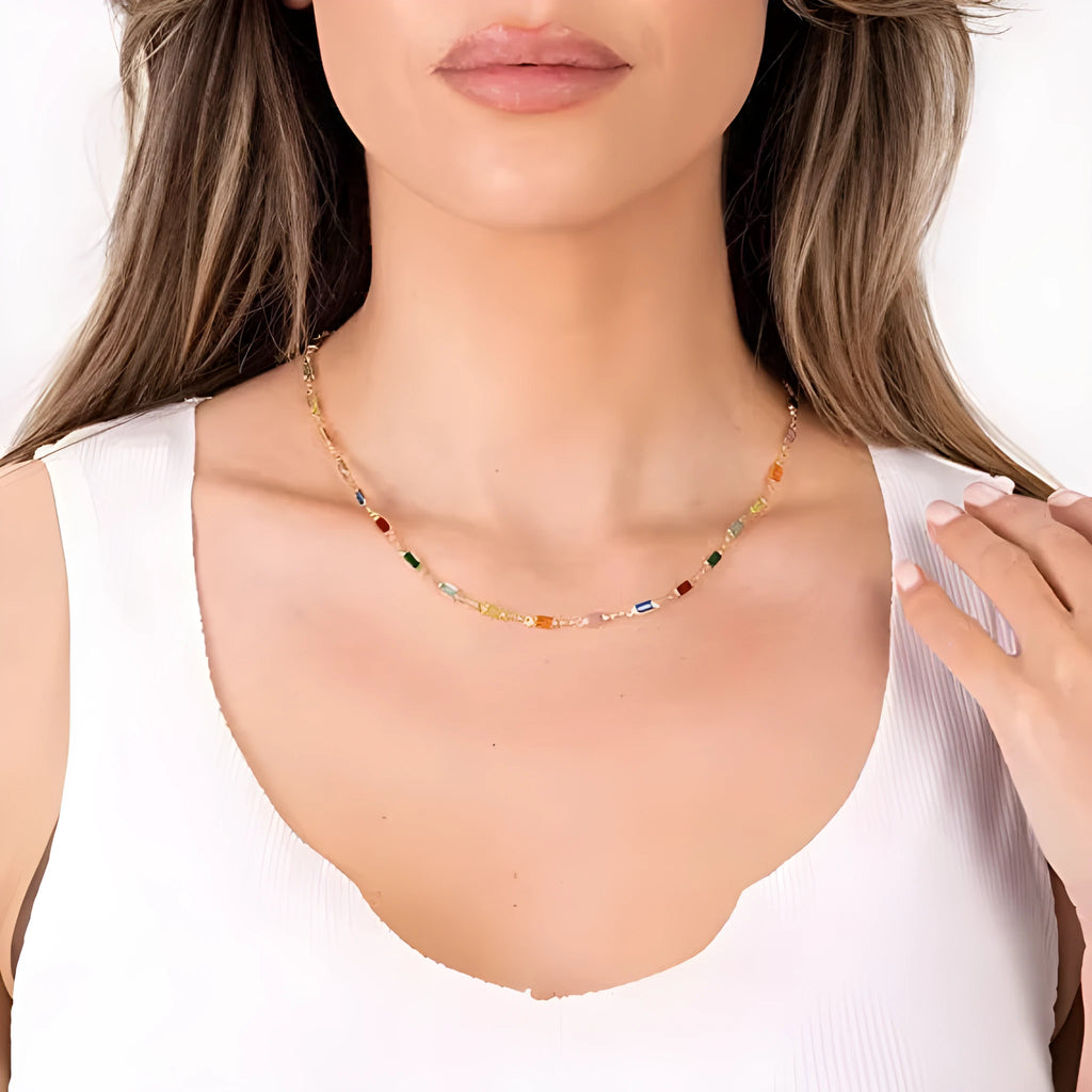 Geometric glass pendant necklace on alloy chain with adjustable 41-50cm length