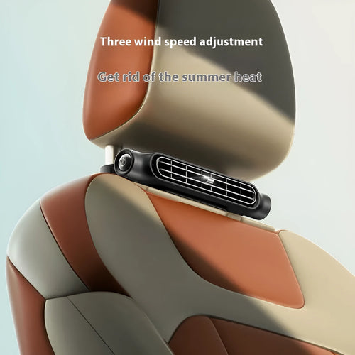 USB car fan with no-blade design mounted on vehicle seat using Velcro fixation in 2024 CF03 colour options
