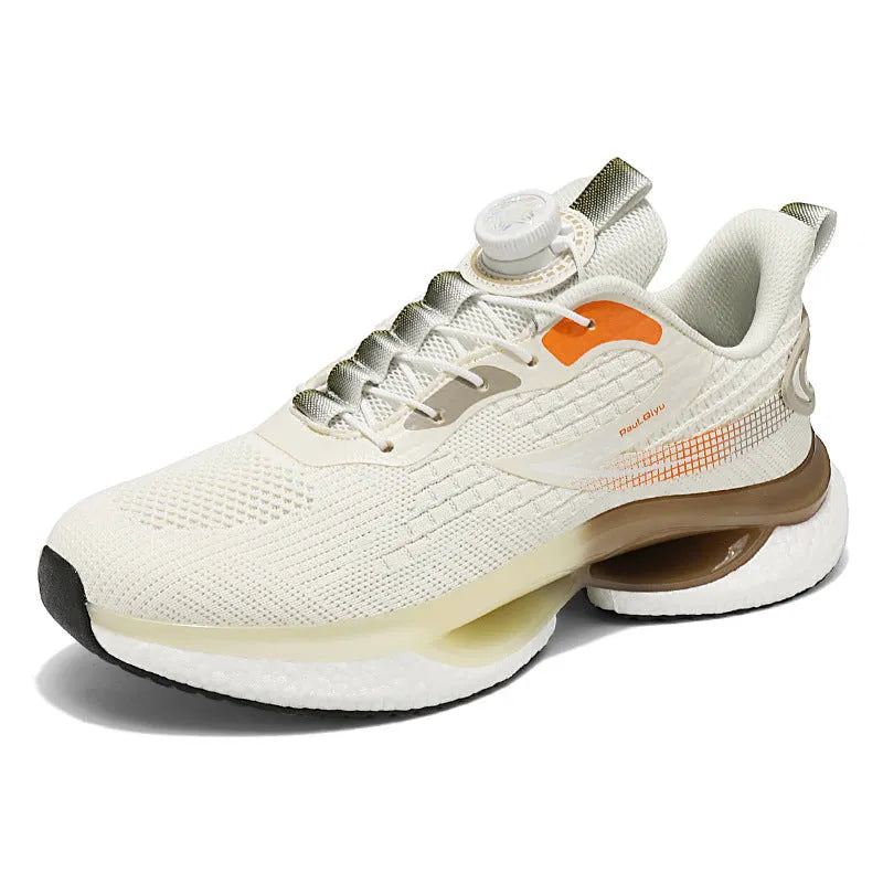 Men's low-top running shoes with rotating button buckle on beige Fly-kit mesh upper and TPU sole.
