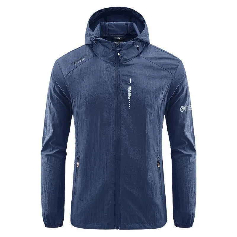 A man's lightweight hooded summer jacket in a loose fit, shown in a neutral colour like grey or blue.