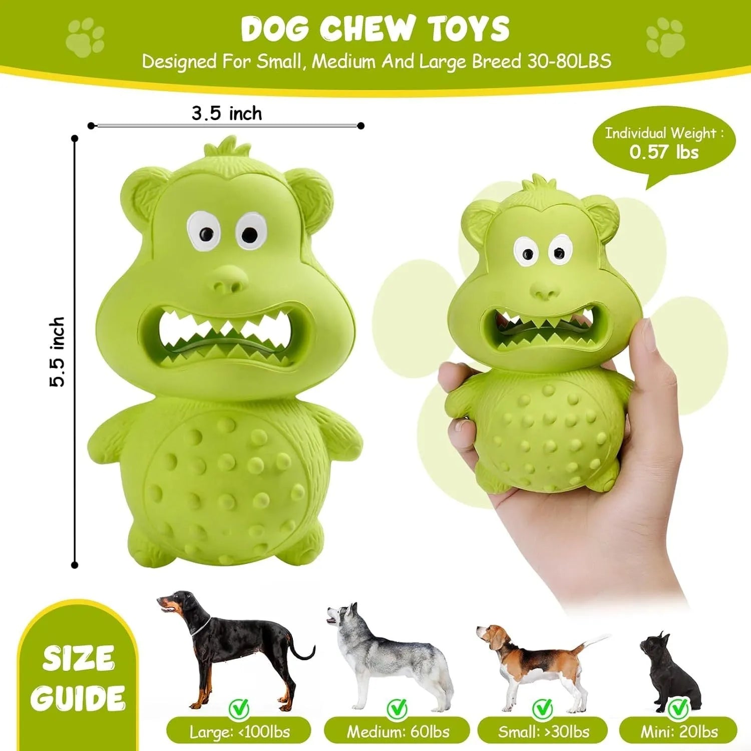 Green and yellow thick natural rubber dog toy with squeaker for large breed aggressive chewers.