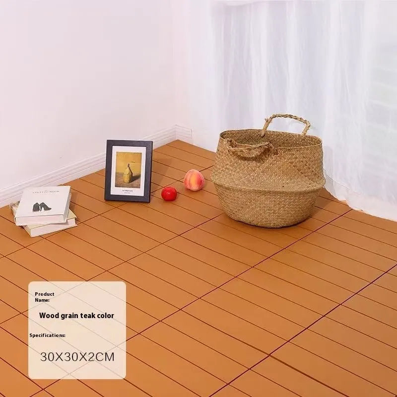 Ten square plastic floor tiles with a wood grain pattern, showing a non-slip surface.