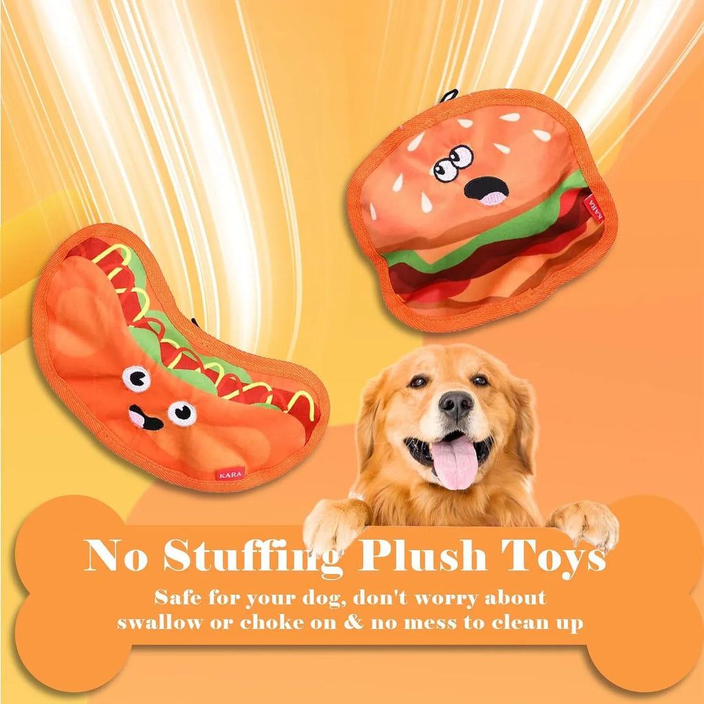 Set of four food-shaped dog toys: hamburger, fries, hot dog, and pizza, with vivid colours.