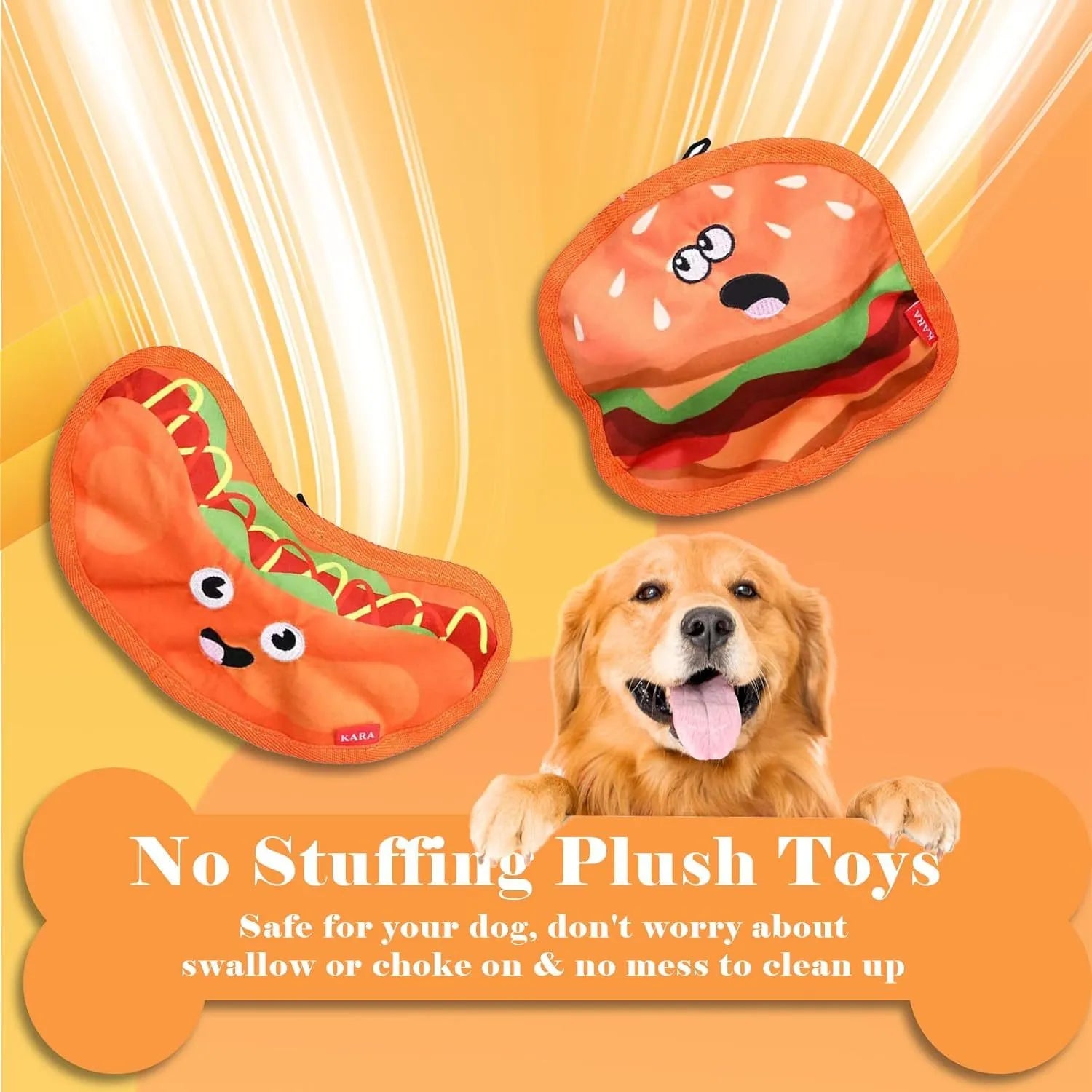 Set of four food-shaped dog toys: hamburger, fries, hot dog, and pizza, with vivid colours.