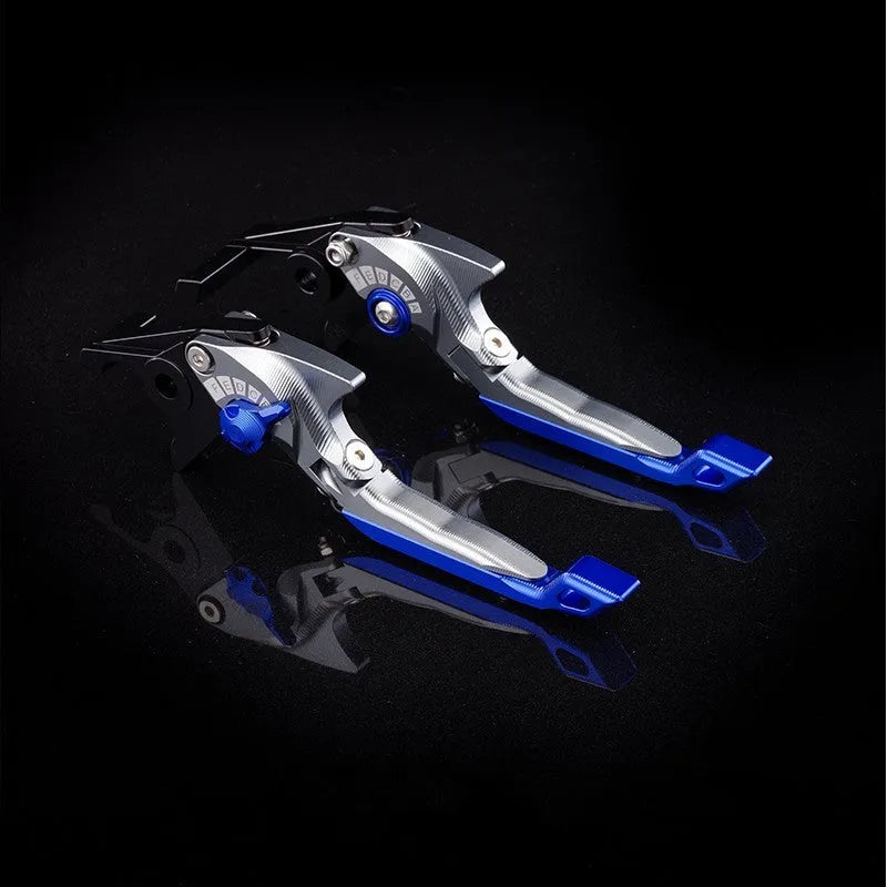 Pair of anodised metal motorcycle brake and clutch levers with adjustable length mechanism