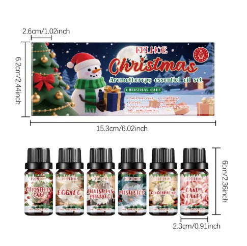 Six bottles of Christmas aromatherapy oil set with 60ml volume for festive home scenting.