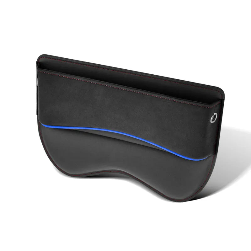 Leather car seat storage box in beige suede colour on a vehicle seat