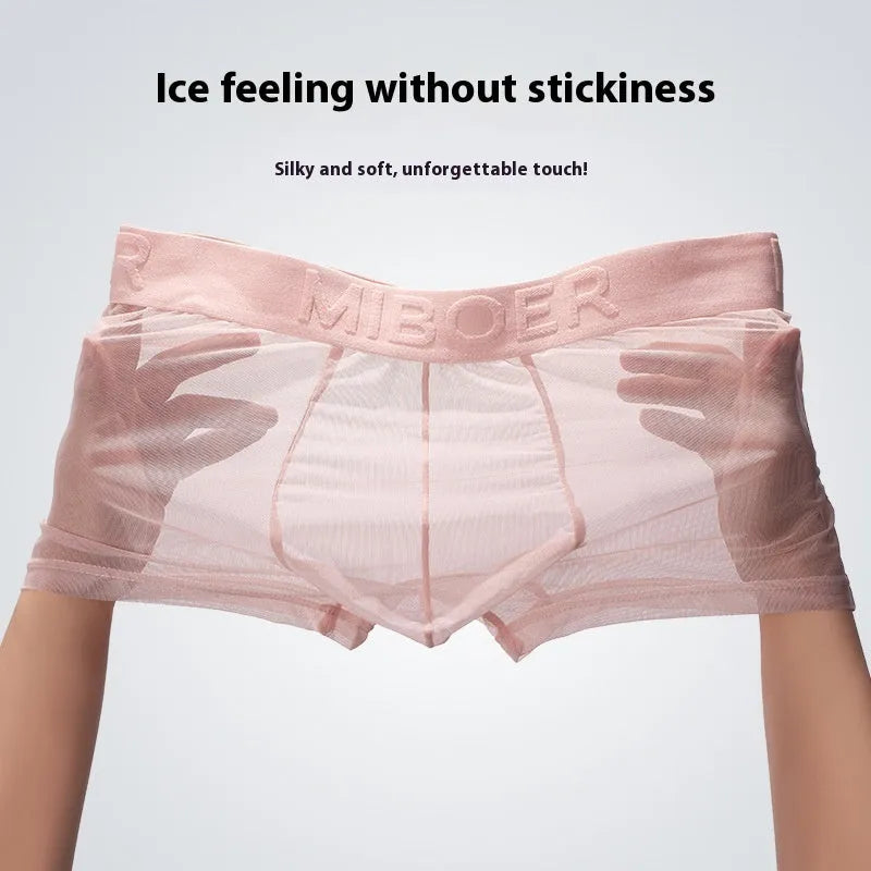 Men's thin invisible breathable boxer shorts in solid colours including black, white, and blue.