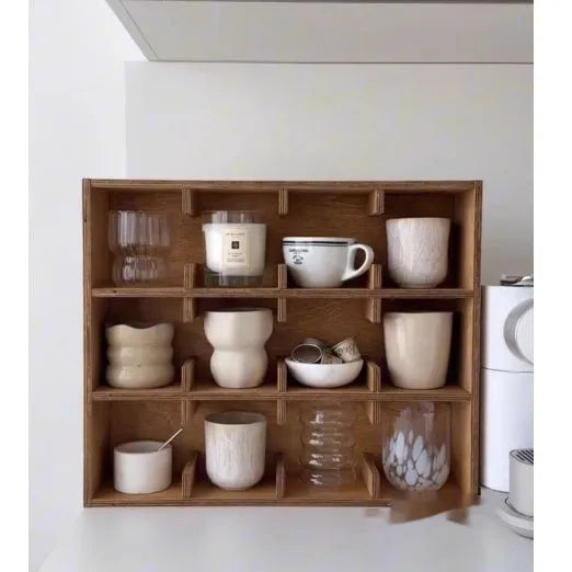 Square wooden cup storage rack with multi-layer grid design in birch finish