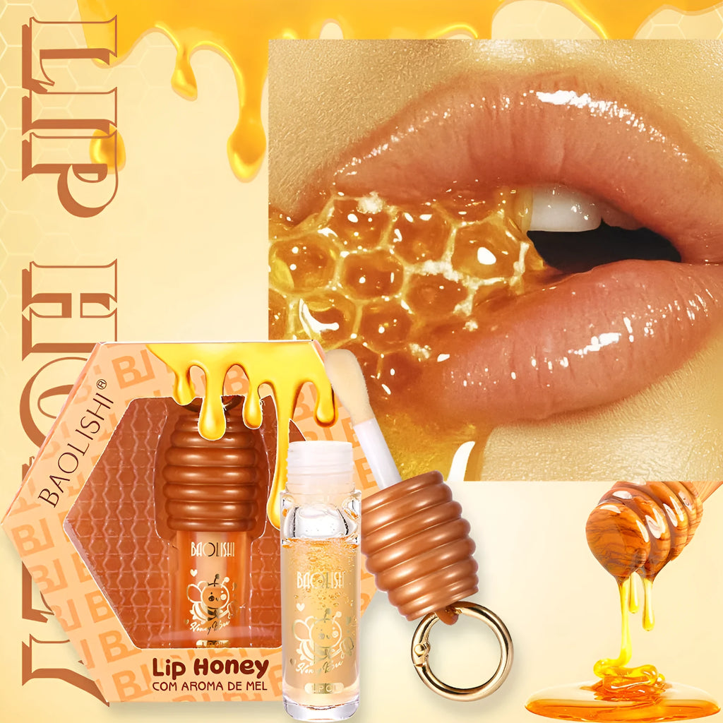 Honey Lip Gloss in a portable keychain case for moisturising and nourishing lips.