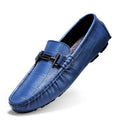Men's black leather casual peas shoes with a belt buckle and flat rubber sole.