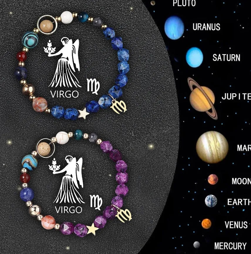 Set of two natural stone beaded bracelets with metal zodiac charms on a dark background.