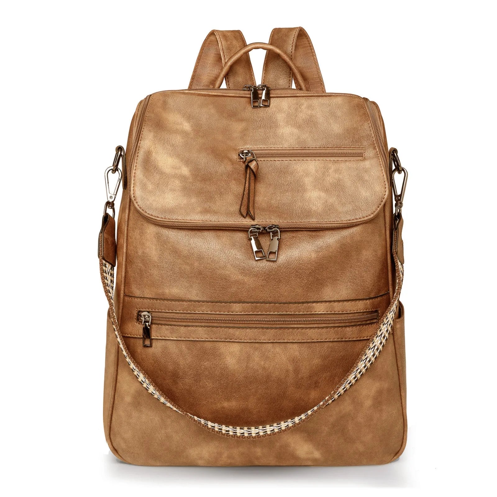 Retro college backpack in PU material with a curved shoulder strap shown in multiple colour options.