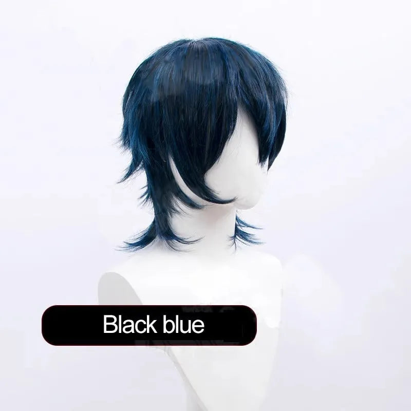 A short-style anime cosplay wig for men in a selected colour, showing its lengthened hair tail.