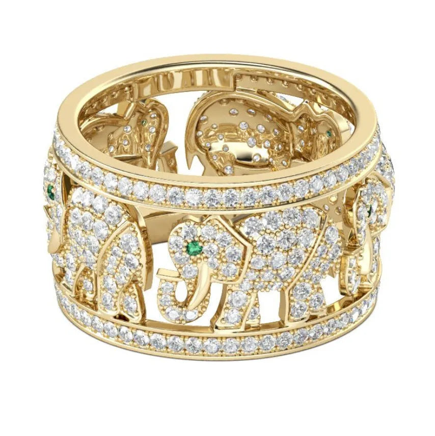 Creative elephant fashion ring with full diamond design on electroplated alloy, shown in silver and patterned colour options
