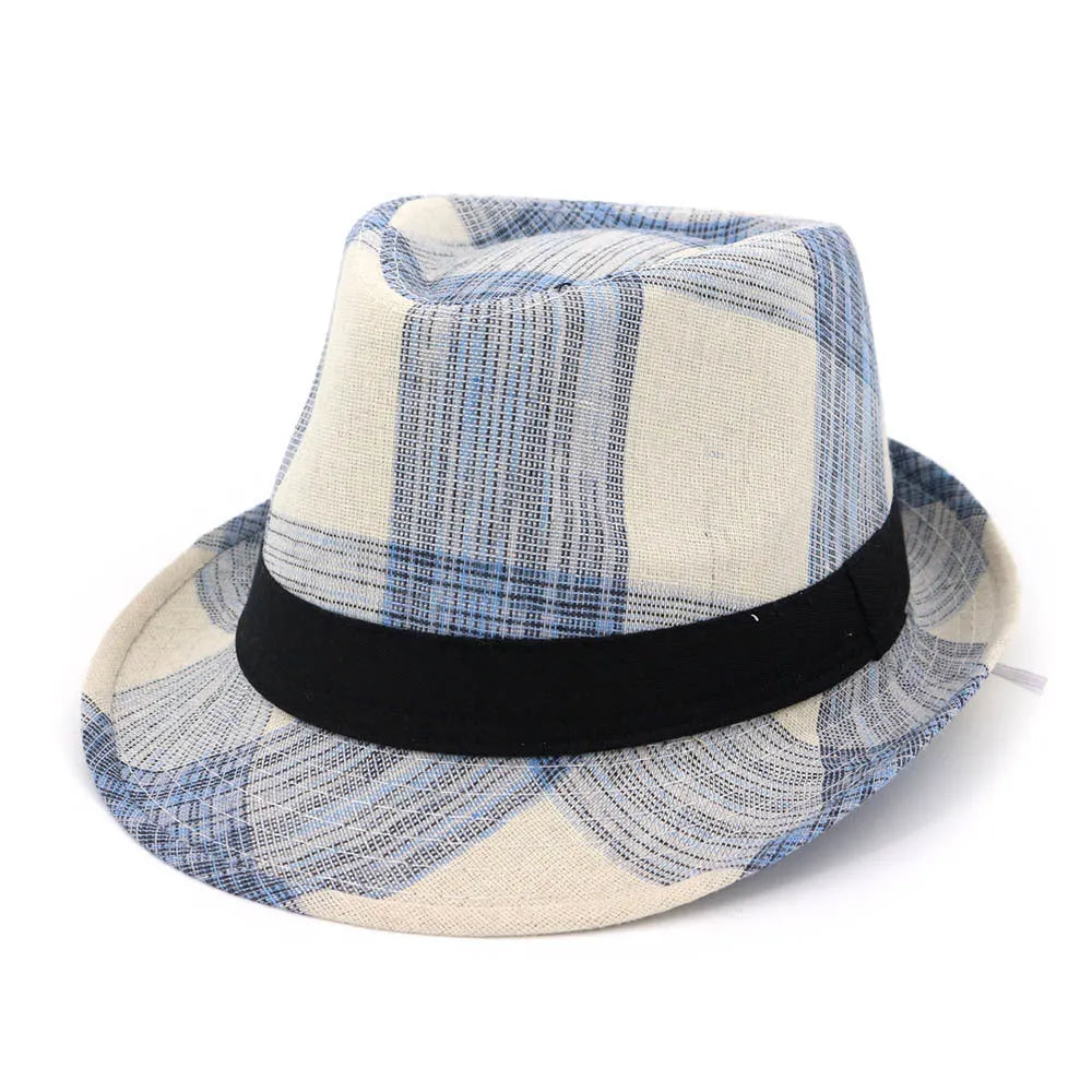 Blue polyester sun hat with a bell-shaped crown and a 4.5cm brim on a white background.
