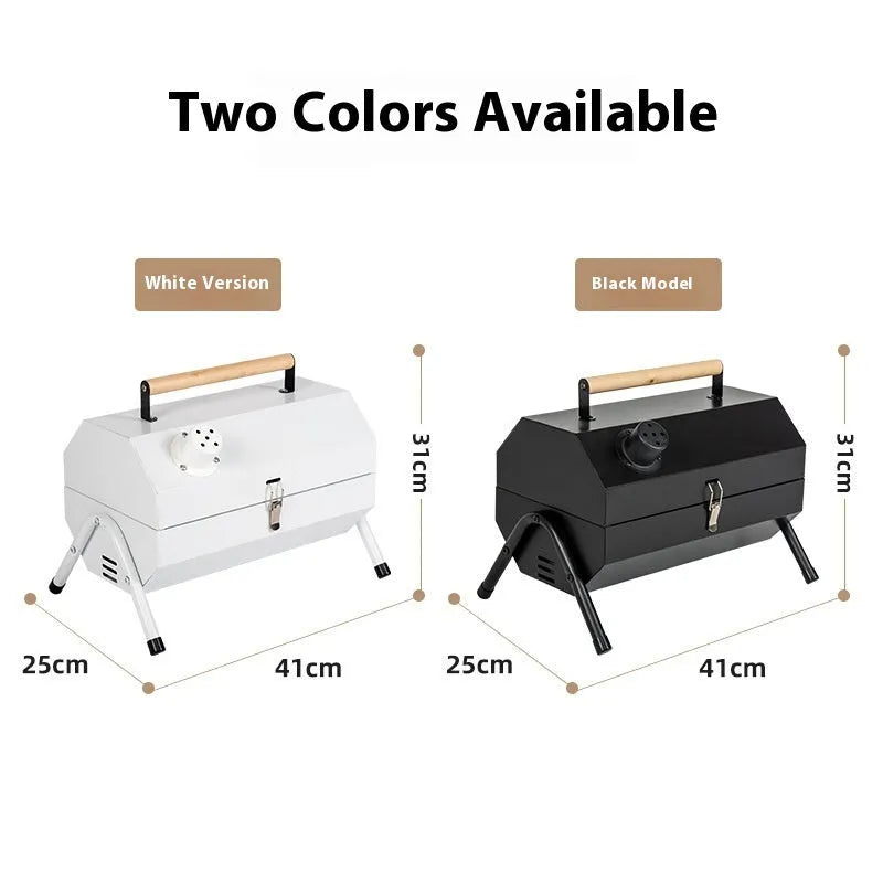 White portable folding barbecue grill with detachable rust-proof carbon tank for outdoor frying and baking.