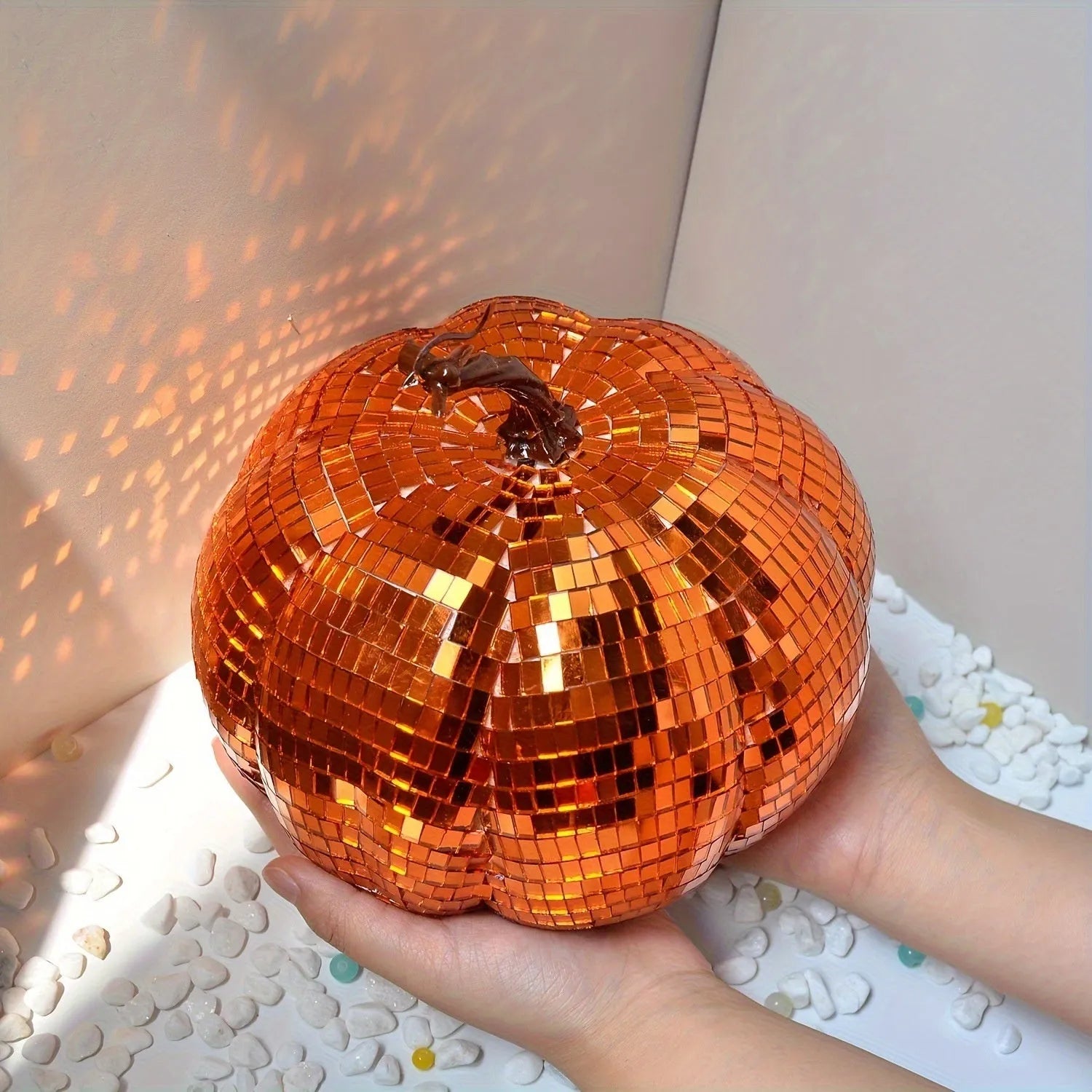 Glass pumpkin mirror decoration with bionic design in Chinese style, shown in multiple sizes