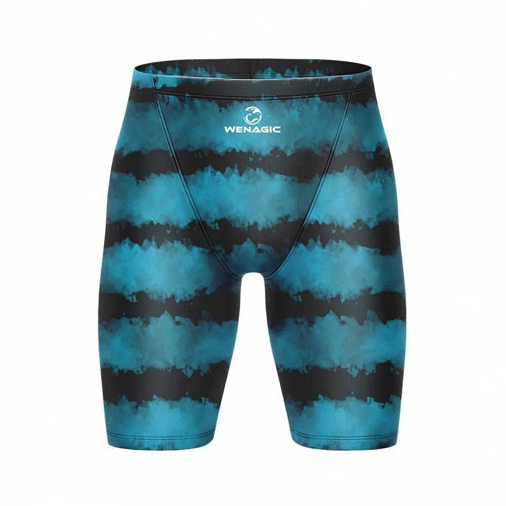 Men's Lycra swimming briefs in a pattern colour, showing the briefs style fit.