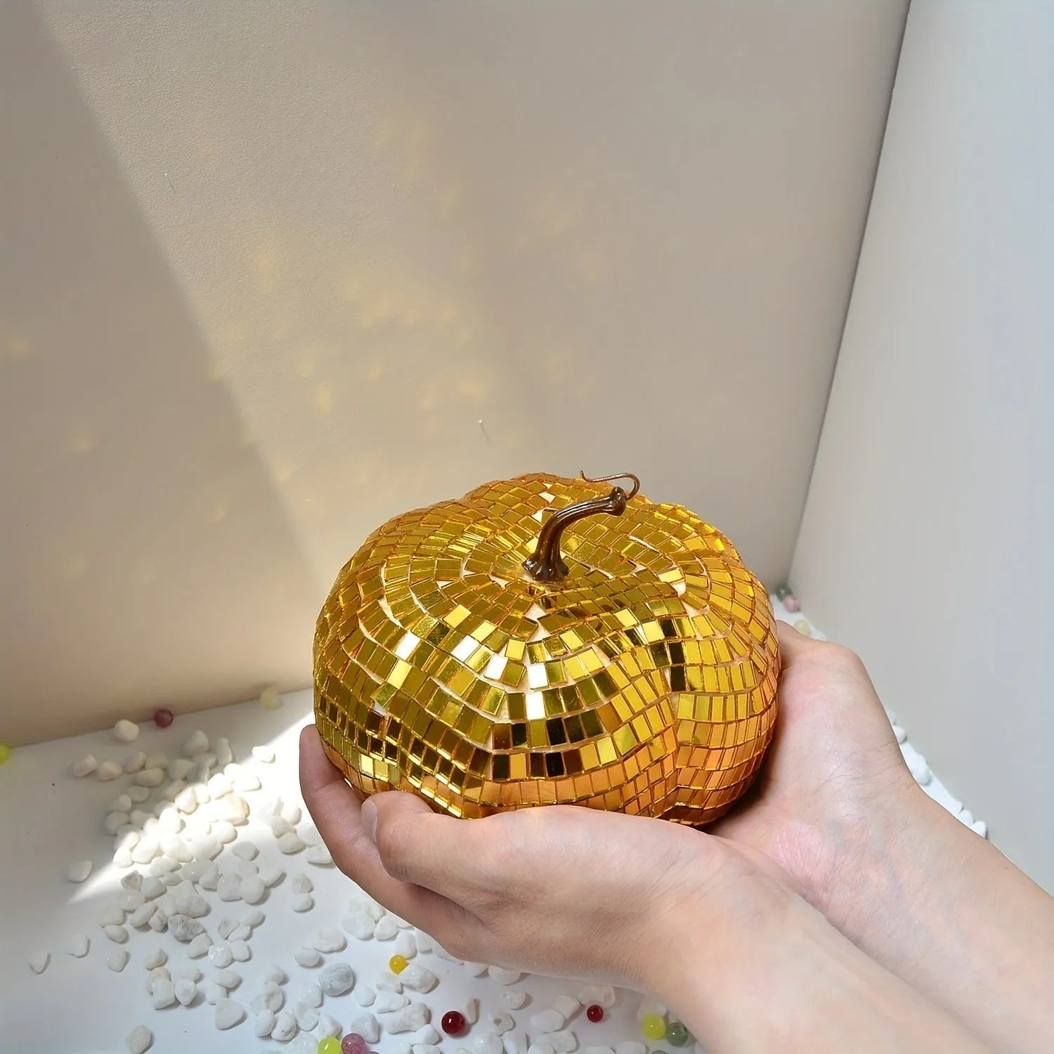 Glass pumpkin mirror decoration with bionic design in Chinese style, shown in multiple sizes