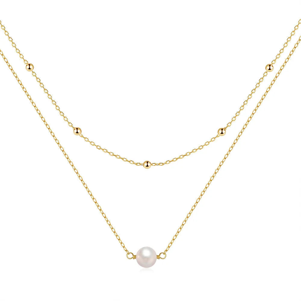 S925 sterling silver double layer pearl necklace with ball bead chain in gold finish