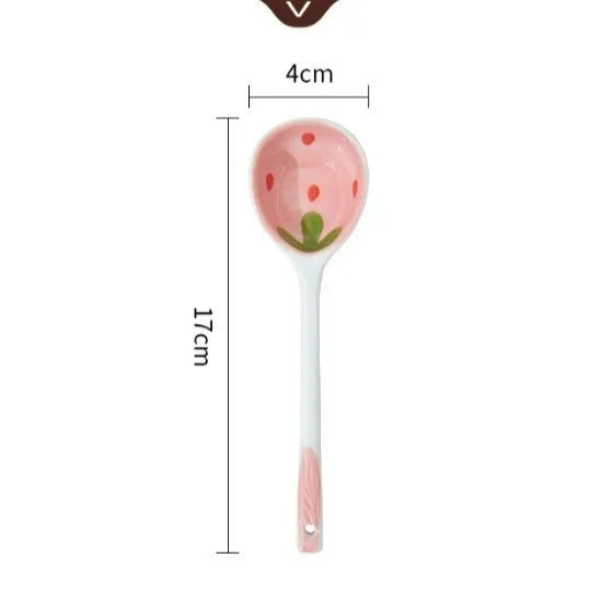 Strawberry pattern ceramic dinnerware set with bowls, plates and twist spoon
